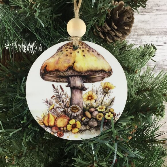 Woodland Mushroom and Yellow Flowers Christmas Ornament  3.5" Wooden Ornament - Picture 3 of 5